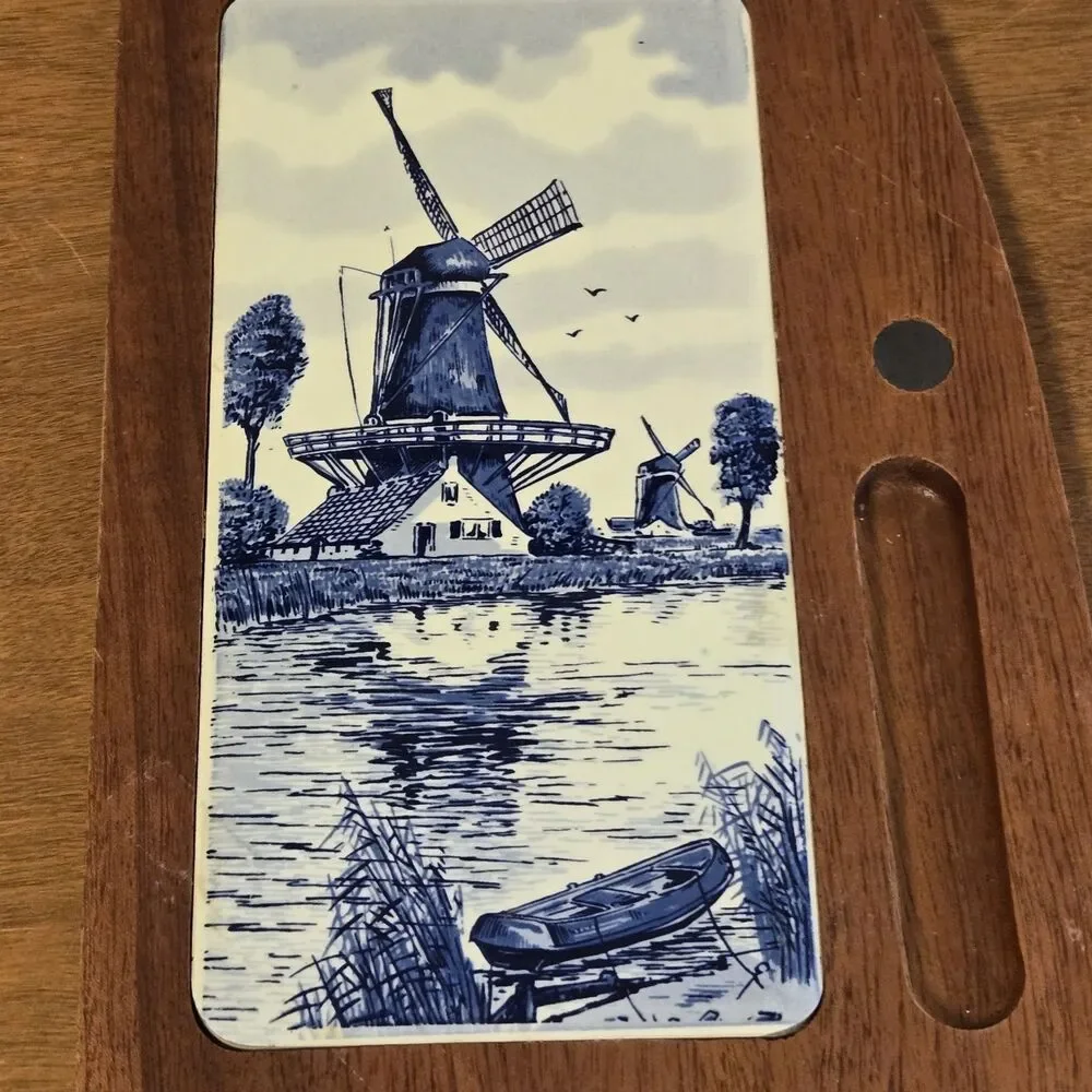 Vintage Delft Blue Windmills Water Tile & Wood Cheese Charcuterie Cutting Board